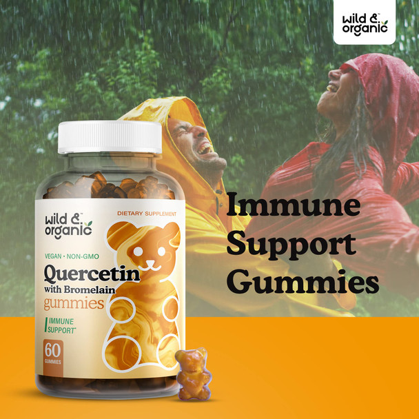 Wild & Organic Quercetin with Bromelain Gummies - Bromelain Quercetin Supplement for Immunity & Respiratory Function - Quercetin and Bromelain Gummy - 60 Pear-Flavored Chews