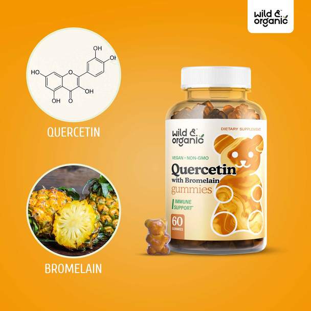 Wild & Organic Quercetin with Bromelain Gummies - Bromelain Quercetin Supplement for Immunity & Respiratory Function - Quercetin and Bromelain Gummy - 60 Pear-Flavored Chews