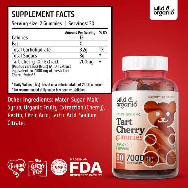 Wild & Organic Tart Cherry Gummies - Uric  Support and Joint Support Supplement with Vitamin C | Substitute to Tart Cherry Extract Capsules, Pills, Juice or Powder | Vegan,  | 60 Chews