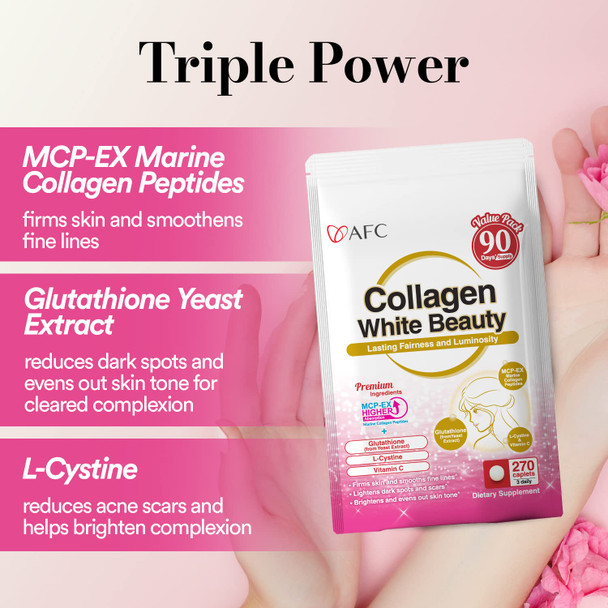 AFC Japan Collagen White Beauty with Marine Collagen Peptide, Glutathione, L-Cystine - 1.5X Better Absorption Than Other Collagen  for Skin Firmness & Whitening 90 Days Supply's