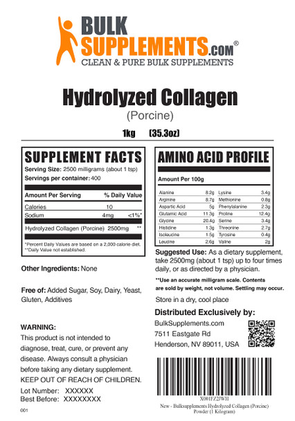 BulkSupplements Porcine Collagen Powder - Hydrolyzed Collagen Powder, Collagen Supplement - 2500mg of Porcine Collagen Peptides  - Collagen Protein Powder (1 Kilogram - 2.2 lbs)