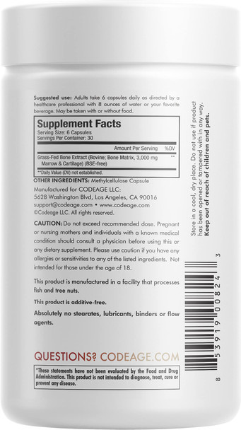 Codeage Grass Fed Bone Marrow Supplement - Freeze Dried, Non-Defatted, & Desiccated Beef Bone Marrow Pills - Raw  Bone Marrow, Bone Matrix, Cartilage - 3000mg  - 180 Capsules