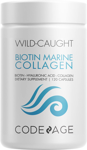 Codeage Marine Collagen Peptides  Hydrolyzed Fish Collagen Protein Supplement, 10,000mcg Biotin Collagen, Vitamin C, E, Hyaluronic  Amino  - Hair, Skin, Joint, Wild-Caught Fish - 120 capsules