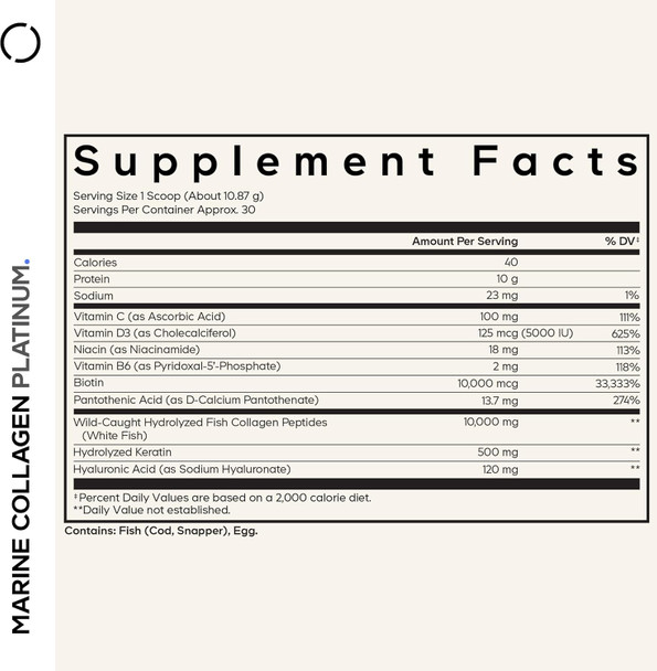 Codeage Marine Collagen Protein Powder Supplement Biotin 10,000 mcg Vitamin C D3 & B6 Keratin Hyaluronic  Niacin Wild Caught Hydrolyzed Fish Collagen Peptides Hair, Skin, Joints 11.50 oz