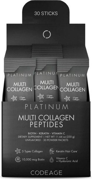 Codeage Multi Collagen and Biotin 10,000 mcg + Vitamin C, B6 & D3, Keratin, Hyaluronic , Niacin, 18 Amino s - Stick Packs Supplement - 5 Types Collagen Protein  30 Powder Packets