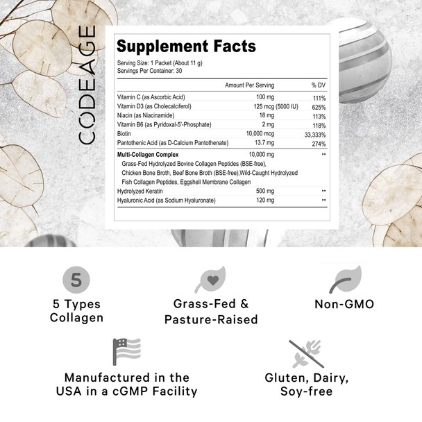 Codeage Multi Collagen and Biotin 10,000 mcg + Vitamin C, B6 & D3, Keratin, Hyaluronic , Niacin, 18 Amino s - Stick Packs Supplement - 5 Types Collagen Protein  30 Powder Packets