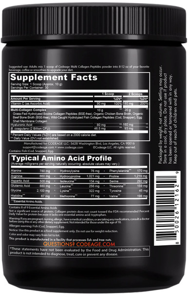 Codeage Multi Collagen Peptides + Probiotics Black Edition, Vitamin C, Hyaluronic  Powder Supplement, Grass-Fed, Pasture-Raised, Hydrolyzed, Zero Carbs, Type I, II, III, V & X, Unflavored, 10.58oz
