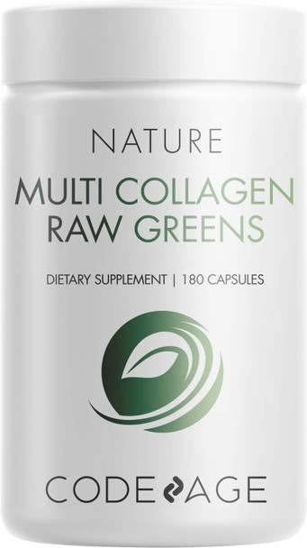 Codeage Multi Collagen Protein + Organic Raw Greens Superfood Capsules Supplement, 21 s & Veggies, Grass-Fed Hydrolyzed Collagen Peptides, 5 Types All-in-One, 180 Count