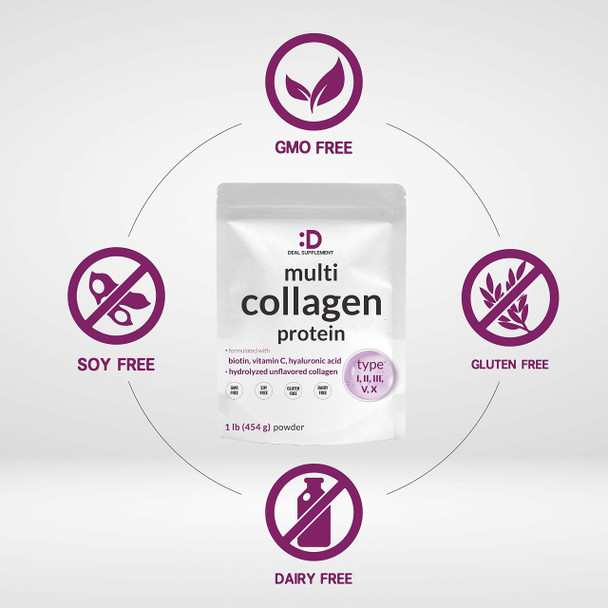 Multi Collagen Protein Powder | 1Lb, Type I, II, III, V, X Collagen Peptides with Biotin, Vitamin C & Hyaluronic Acid - Unflavored - Keto & Paleo Friendly, Great for Hair, Skin, Nails & Joints