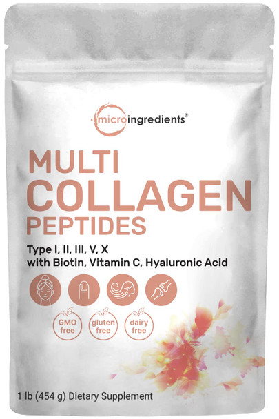 Multi Collagen Peptides Powder, 1 Pound (16 Ounce) - Type I,II,III,V,X with Biotin 10,000mcg, Hyaluronic , Vitamin C - Unflavored - Keto & Paleo Friendly, Easy Dissolve, Non-GMO,