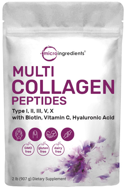 Multi Collagen Protein Powder, 2 Pounds - Type I,II,III,V,X with Biotin 10000mcg, Hyaluronic , Vitamin C - Unflavored Collagen Peptides Powder- Keto & Paleo Friendly, Easy Dissolve, Non-GMO