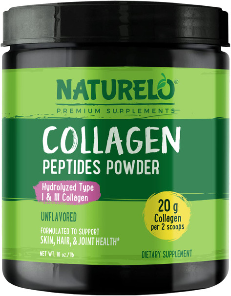 NATURELO Collagen Peptide Powder, Hydrolyzed Collagen Type I & III, Skin Hair & Joint Health - Unflavored, 16 Ounces | 45 Servings