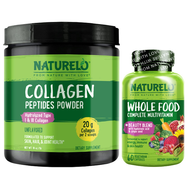 NATURELO  Food Beauty Multivitamin, 60 Count Collagen Peptide Powder, 45 Servings