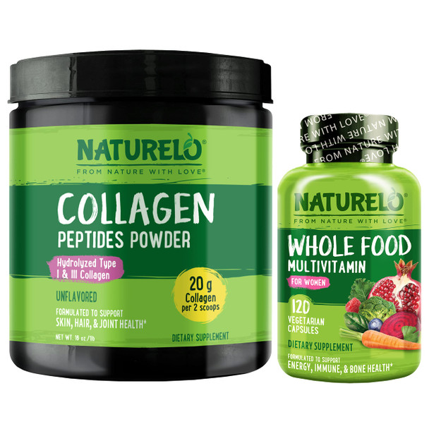 NATURELO  Food Women's Multivitamin, 120 Count Collagen Peptide Powder, 45 Servings