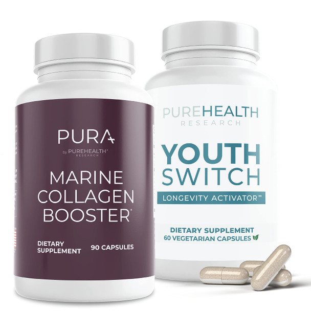 Enjoy Younger Looking Skin with Our Skin Revitalizing Bundle - Pura Marine Collagen Booster + Youth Switch Supplement by Pure Health Research