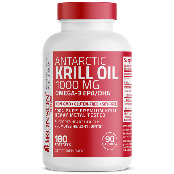 Bronson Antarctic Krill Oil 1000 mg with Omega-3s EPA, , Astaxanthin and Phospholipids 180 Softgels (90 Servings)