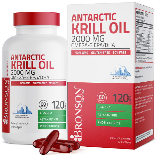 Bronson Antarctic Krill Oil 2000 mg with Omega-3s EPA, , Astaxanthin and Phospholipids 120 Softgels (60 Servings)