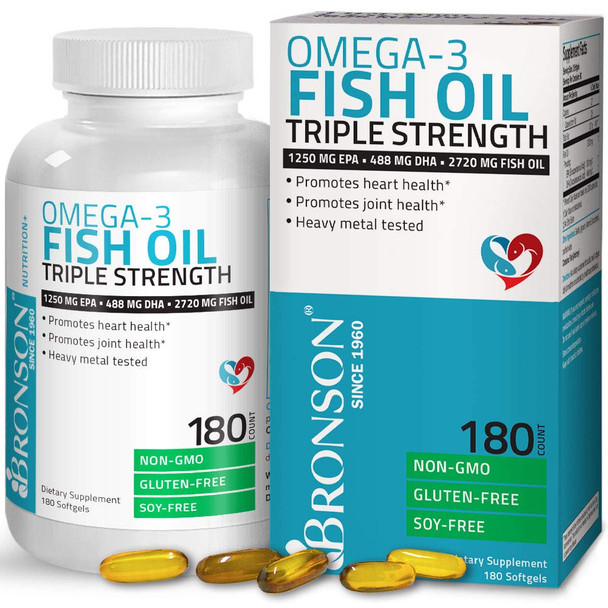 Bronson Omega 3 Fish Oil Triple Strength 2720 mg, High EPA 1250 mg  488 mg, Non-GMO Heavy Metal Tested, 180 Softgels