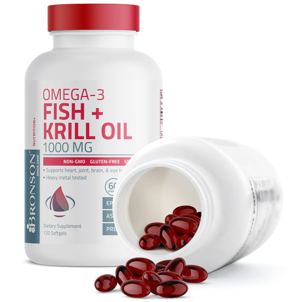 Bronson Omega-3 Fish + Krill Oil 1000 MG EPA  Astaxanthin Premium Blend - Joint, Brain & Eye Health - Non GMO, Heavy Metal Tested, 120 Softgels