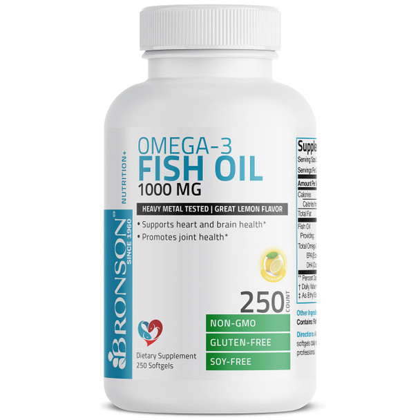 Bronson Omega-3 Fish Oil 1000 MG, Joint & Brain Health - Heavy Metal Tested Non GMO, 250 Softgels