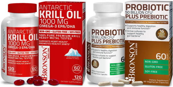 Bronson Probiotic 50 Billion CFU + Prebiotic with Apple Polyphenols & Pineapple  Extrac Antarctic Krill Oil 1000 mg with Omega-3s EPA