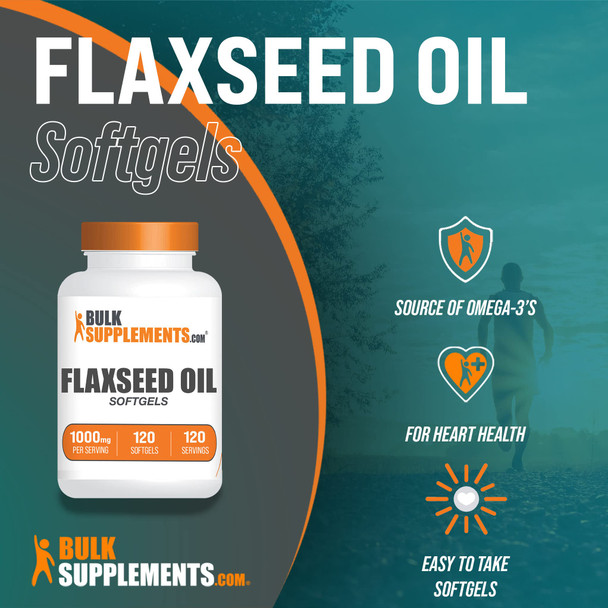 BulkSupplements Flaxseed Oil Softgels - Vegan Omega 3 Supplement - Flaxseed Supplement - 1 Flaxseed Oil 1000mg Softgels  - Flax Seed Oil Pills - 120-Day Supply (120 Softgels)