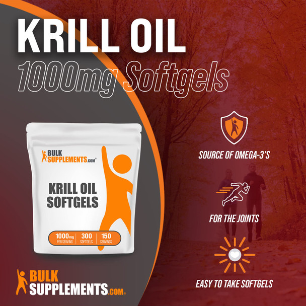 BulkSupplements Krill Oil 1000mg Softgels - Krill Oil Supplement - Omega 3 Supplement - 2 Krill Oil 500mg Softgels , Antarctic Krill Oil - Krill Oil Omega 3 Pills (300 Softgels)
