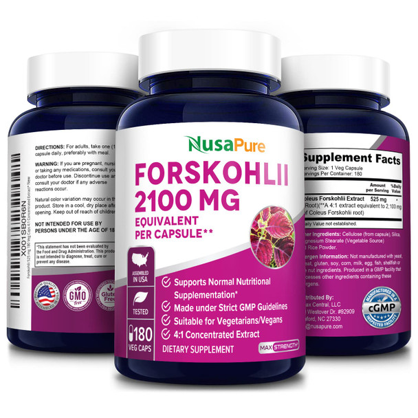 NusaPure Forskolin 2100mg Per Veggie Caps - 180 Capsules (Non-GMO & )