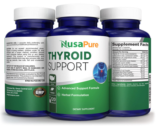 NusaPure Premium Thyroid Support Supplement (Non-GMO) 120 caps for with Ashwaganda, Iodine, Zinc, kelp, Vitamin B12, L-Tyrosine, Selenium, Copper .