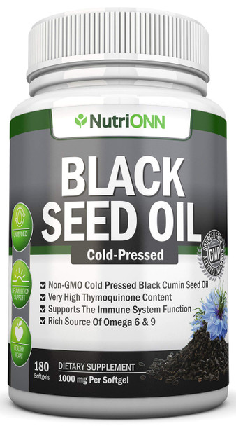 Black Seed Oil - 1000 Mg - 180 Softgels - Cold-Pressed Non-GMO Black Cumin Seed Capsules - Super High Thymoquinone Content - Nigella Sativa - Rich in Omega 6 & 9 Fatty s - Immune & Joint Support