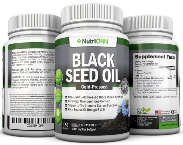 Black Seed Oil - 1000 Mg - 180 Softgels - Cold-Pressed Non-GMO Black Cumin Seed Capsules - Super High Thymoquinone Content - Nigella Sativa - Rich in Omega 6 & 9 Fatty s - Immune & Joint Support