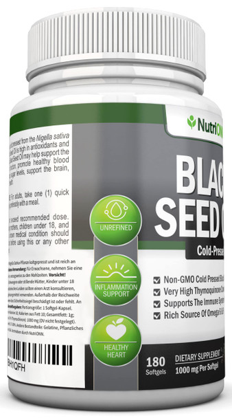 Black Seed Oil - 1000 Mg - 180 Softgels - Cold-Pressed Non-GMO Black Cumin Seed Capsules - Super High Thymoquinone Content - Nigella Sativa - Rich in Omega 6 & 9 Fatty s - Immune & Joint Support