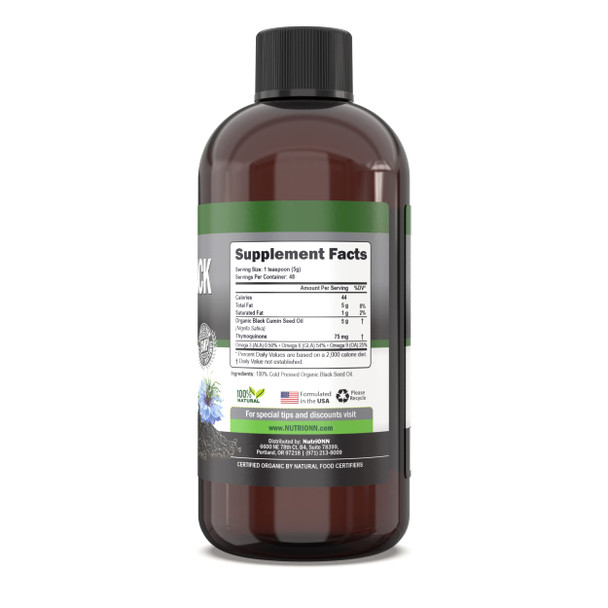 Organic Black Seed Oil - USDA Certified Organic Black Cumin Seed Oil Liquid  High Thymoquinone Content  Non-GMO and Cold-Pressed  Rich Source of Omega-6 & Omega-9 Fatty s - 8 Oz