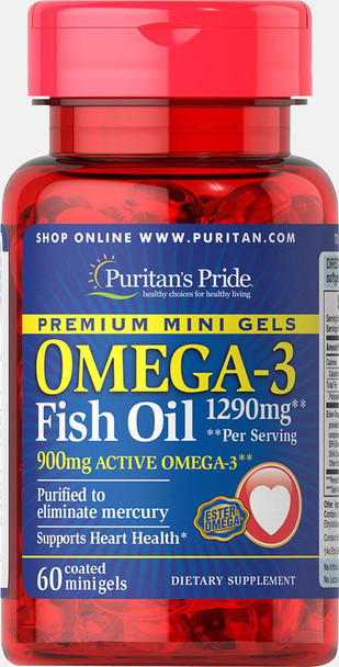 Puritans Pride Omega-3 Fish Oil 1290 mg Mini Gels (900 mg Active Omega-3) -60 Coated Softgels