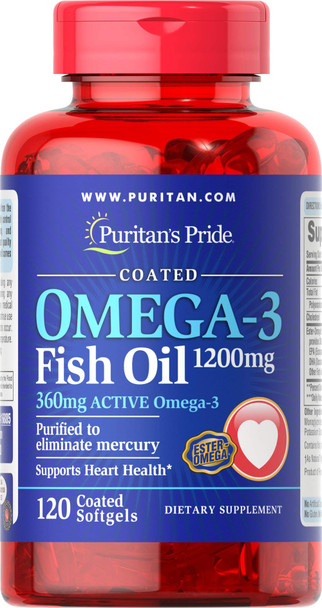 Puritan's Pride Omega-3 Fish Oil Coated 1200 mg (360 mg Active Omega-3)-120 Coated Softgels
