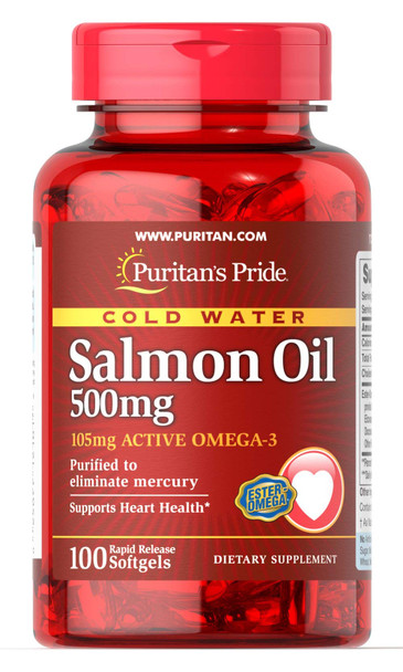 Puritan's Pride Omega-3 Salmon Oil 500 mg (105 mg Active Omega-3)-100 Softgels