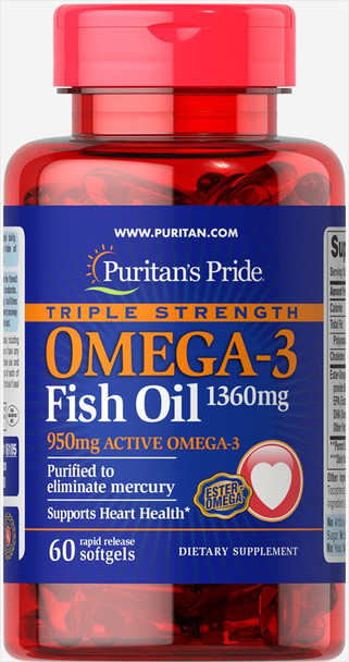 Puritan's Pride Triple Strength Omega-3 Fish Oil 1360 mg (950 mg Active Omega-3)-60 Softgels