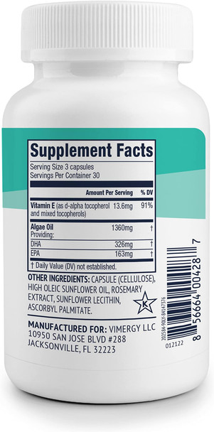 Vimergy Vegan EPA/DHA, 30 Servings Algal Omega 3 Fatty Acids  Plant Based Fish Oil Alternative with Vitamin E  Supports Heart, Brain & Eye Health - Non-GMO, Gluten-Free, Soy-Free, Paleo (90 Count)