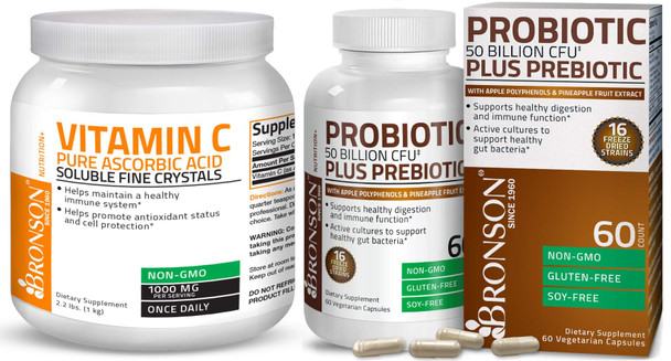 Bronson Probiotic 50 Billion CFU + Prebiotic with Apple Polyphenols & Pineapple  Extract + Bronson Vitamin C Powder Pure Ascorbic  Soluble Fine Non GMO Crystals