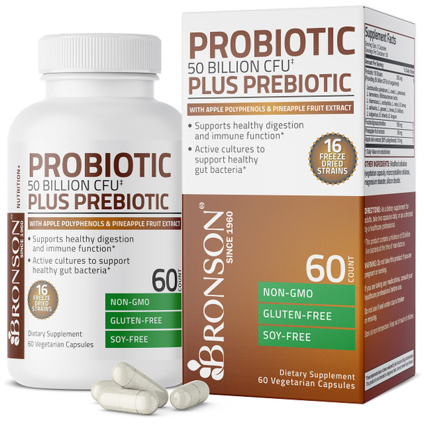 Bronson Probiotic 50 Billion CFU + Prebiotic with Apple Polyphenols & Pineapple  Extract for Women & Men Non-GMO, 60 Vegetarian Capsules