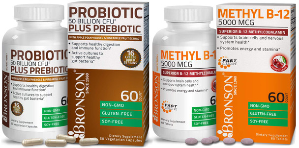 Probiotic 50 Billion CFU + Prebiotic with Apple Polyphenols & Pineapple  Extract + Methyl B12 5000 mcg Vitamin B12 Methylcobalamin