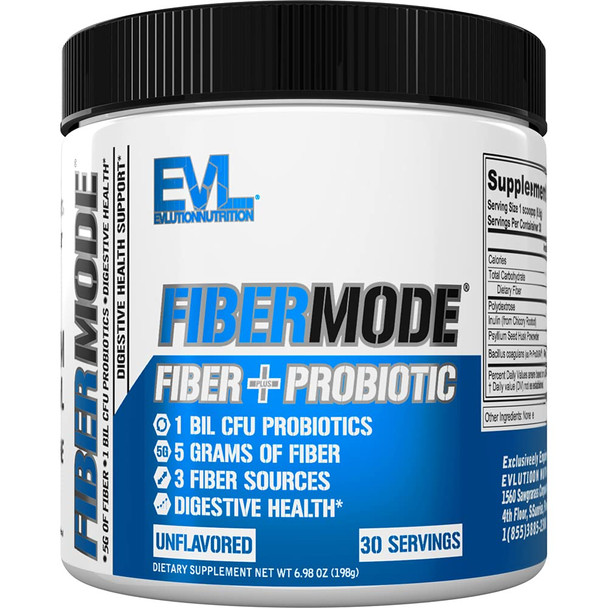 Evlution Nutrition FiberMode Fiber Plus Probiotic - 5 Grams of Fiber, Digestive Health, 1 Billion CFU Probiotics, Immune Support, 30 Servings, Unflavored