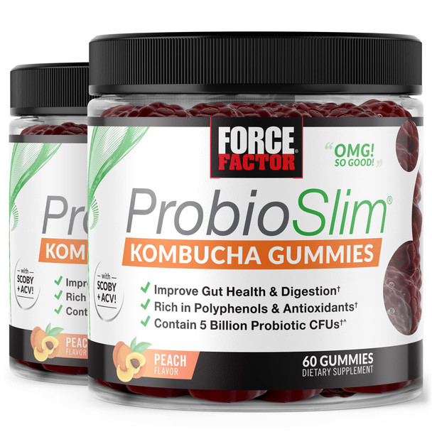 Force Factor ProbioSlim Kombucha Gummies 2-Pack for Digestive Health, Probiotics for Women and Probiotics for Men Made with 5 Billion CFUs, Kombucha SCOBY Probiotic Gummies, Peach, 120 Gummies