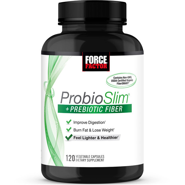 ProbioSlim + Prebiotic Fiber Weight Loss Supplement for Women and Men, Probiotic and Prebiotic Digestive Health Support with Green Tea Extract and Psyllium Husk Fiber, Force Factor, 120 Capsules
