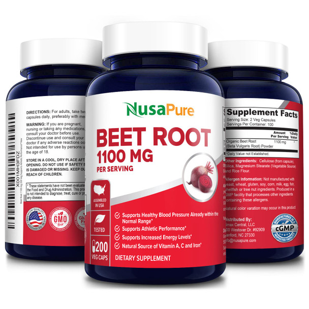 Beet Root 1100 mg 200 Veggie caps (Vegan, Non-GMO & , Made with Organic Beet Root Powder)