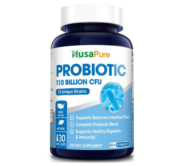 NusaPure Probiotics 110 Billion CFU Per Veggie Caps 13 Strains - 30 Capsules (Non-GMO & )