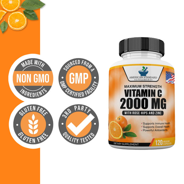 Vitamin C 2000mg with Zinc 40mg  and Rose Hips Extract, Immune Support for , Immune Booster, Vegan Non GMO, No Filler, No Stearate, 120 Vegan Capsules, 60 Day Supply