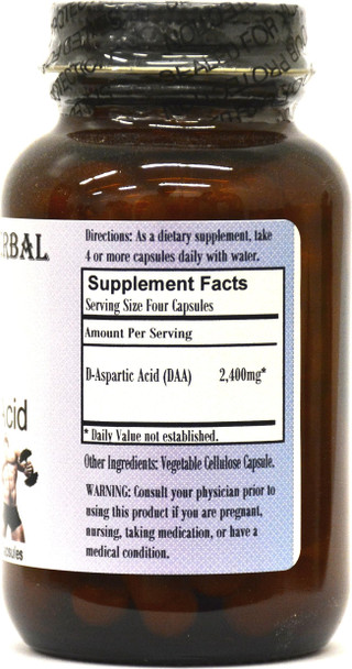 Barlowe's Herbal Elixirs D-Aspartic Acid - 60 600mg VegiCaps - Stearate Free, Glass Bottle!
