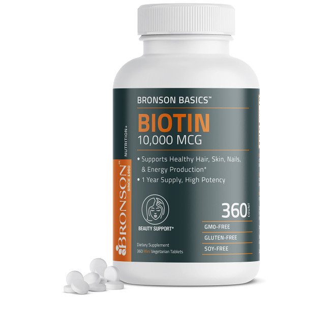 Bronson Biotin 10,000 Mcg Supports Healthy Hair, Skin & Nails & Energy Production - High Potency Beauty Support - Non-Gmo, 360 Vegetarian Tablets