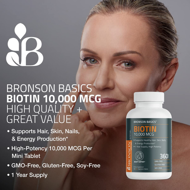 Bronson Biotin 10,000 Mcg Supports Healthy Hair, Skin & Nails & Energy Production - High Potency Beauty Support - Non-Gmo, 360 Vegetarian Tablets